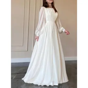 Modest Muslim Maxi Dress, New Arrival Spring Summer, Long Chiffon Sleeve Crew Neck, Pleated Waist Flowy Gown