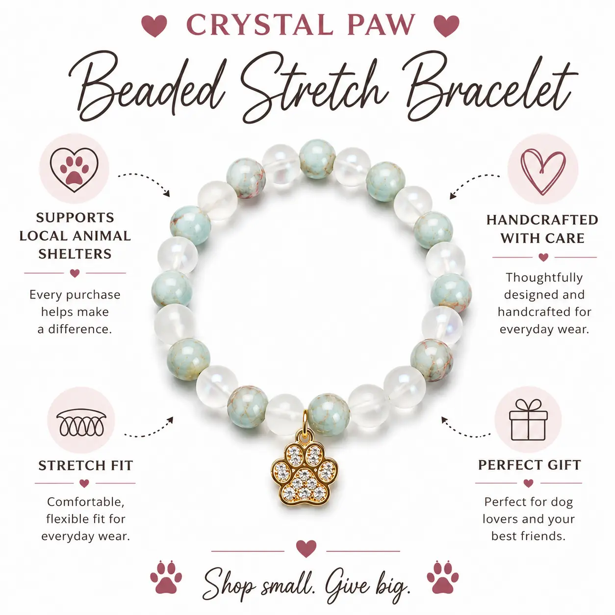 Crystal Paw Print Beaded Stretch Bracelet | Gold Crystal Paw Charm | Dog Lover Gift | Fashion Costume Jewelry Accessory