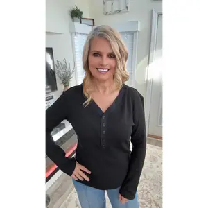 Black Button V Neck Thermal Top
