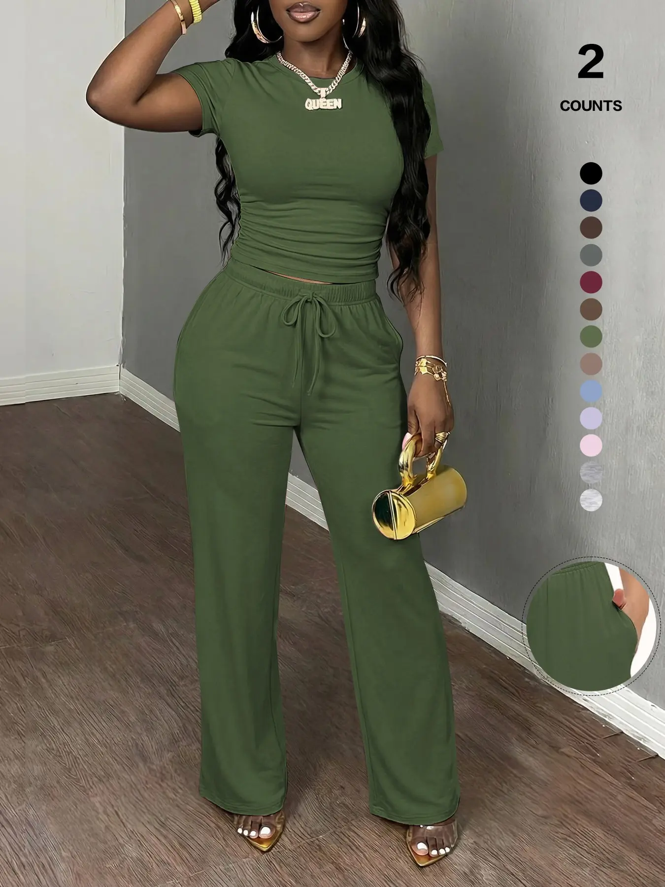 Women's Spring Summer Casual Set, Round Neck Short Sleeve Top & Wide Leg Pants, Slim Fit Home Wear, 2 Piece Comfortable, Casual Fashion Set Women's Spring Summer Casual Set, Round Neck Short Sleeve Top & Wide Leg Pants, Slim Fit Home Wear, 2 Piece Comfortable, Casual Fashion Set