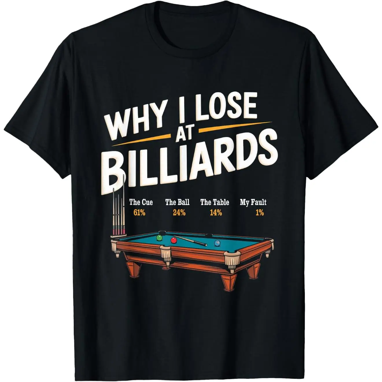 100% Premium Cotton Regular Fit Graphic Print T-Shirt, Funny "Why I Lose at Billiards" Top for Pool Snooker Players, Sporty Chic