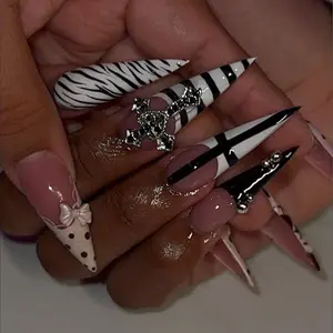 Y2K Black & White Goth Stiletto Press On Nails, Zebra Print, Cross Charms, Coquette Bow, Punk Alt Girl Gel Nails