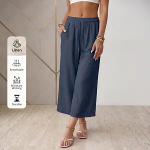 Women’s breathable linen mid-length pants — solid color, elastic waistband, slimming wide-leg design for commuting, vacations, and casual wear