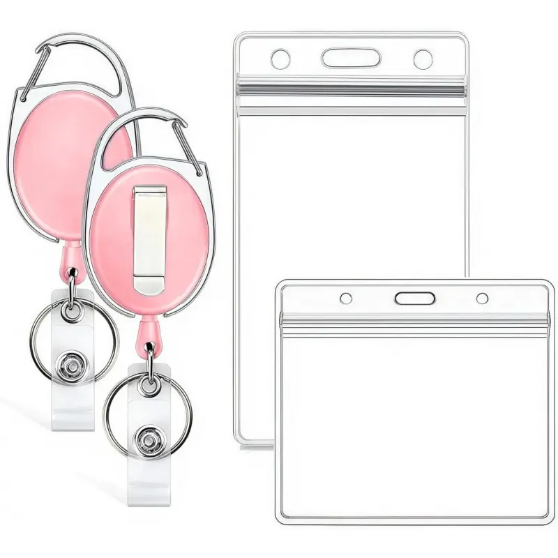 2 Pack ID Badge Holder with Breakaway Lanyard, ID Badge Holders with Clip and Keyring, Retractable 24" Pull Cord for Nurse Officer School Security Staff Women Men(Pink)