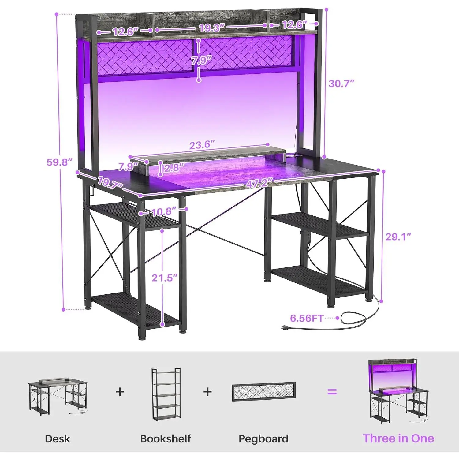 Armocity 2024 Upgrade Gaming Desk with Hutch, 48'' Magic Computer Desk with LED and Outlets, Reversible Workstation Desk with Pegboard, Grey/Black