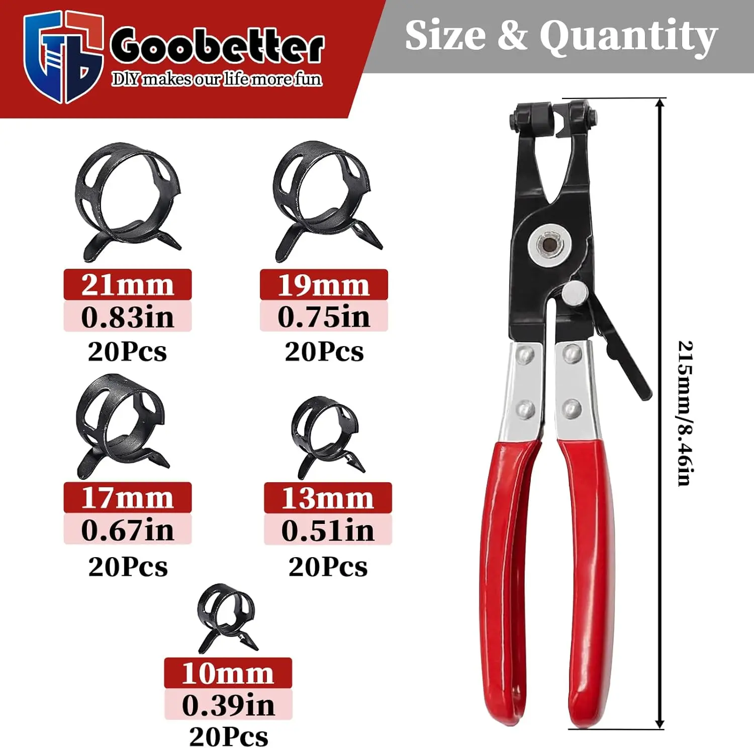 100Pcs Auto-Tightening Hose Clamps with Pliers - 5 Sizes (10-21mm), Constant Tension Design, Easy to Install Durable Low-Pressure Clamps for Automotive Plumbing Fuel Lines, Homeowner Leak Repair