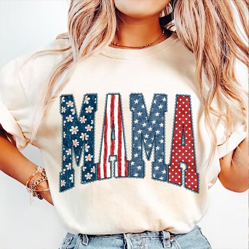 Preppy Patriotic Mama T-Shirt, Checkered Patriotic Mom Shirt, Red W Blue Bows, Coquette 4th of July, America 250 Anniversary, Cotton Fabric Gift For Women
