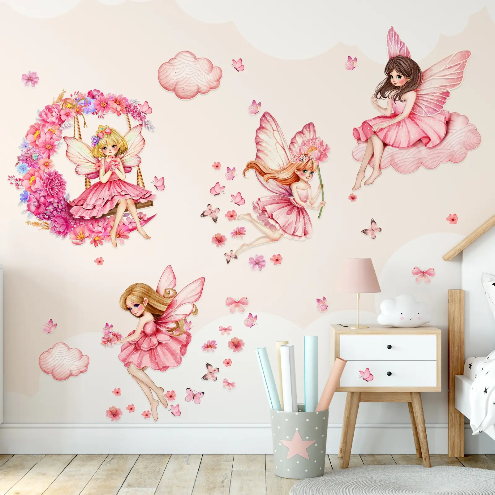 A set (30*90cm*2pcs) of new fairy tale elf flower fairy, butterfly and cloud wall stickers, Wall Decals for decorating home, living room, entrance, corridor, bedroom, and bathroom background walls. Self-adhesive. MG15089