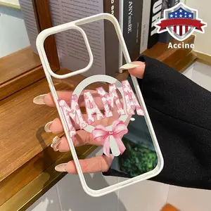 Compatible with iPhone 16 Pro Max E Plus MAMA Letter Bowknot Pattern Shockproof Non-Yellowing Crystal Transparent Acrylic Soft Case Supports Wireless Charging.