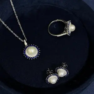 【LIVE】Blue Sunflower Pearl Jewelry Set：Elegant Ring,Necklace & Earring Fashion Pearl Set Suitable for Daily Wear, Valentine's Day Gift Birthday Party