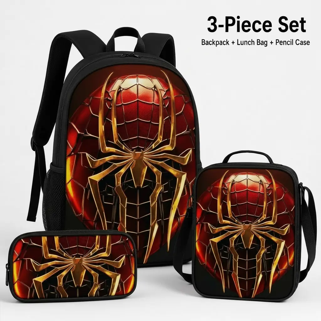 Gold Spider 3PCS Backpack Set for Boys Kids, Cool Red Armor Superhero School Bag with Lunch Box and Pencil Case, Tech Mech Spider Daypack Teens Gift