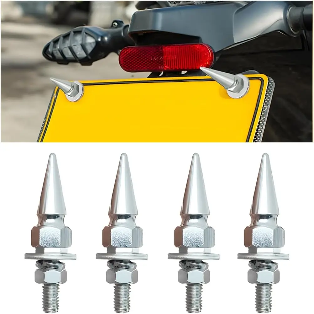 HZEL 4PCS Spike Car License Plate Bolts, Aluminum Alloy Vehicle Tag Frame Fastener Screw Kit, Rustproof Auto License Plate Decoration Fastening Bolt, Universal for Most Vehicles (Silver)