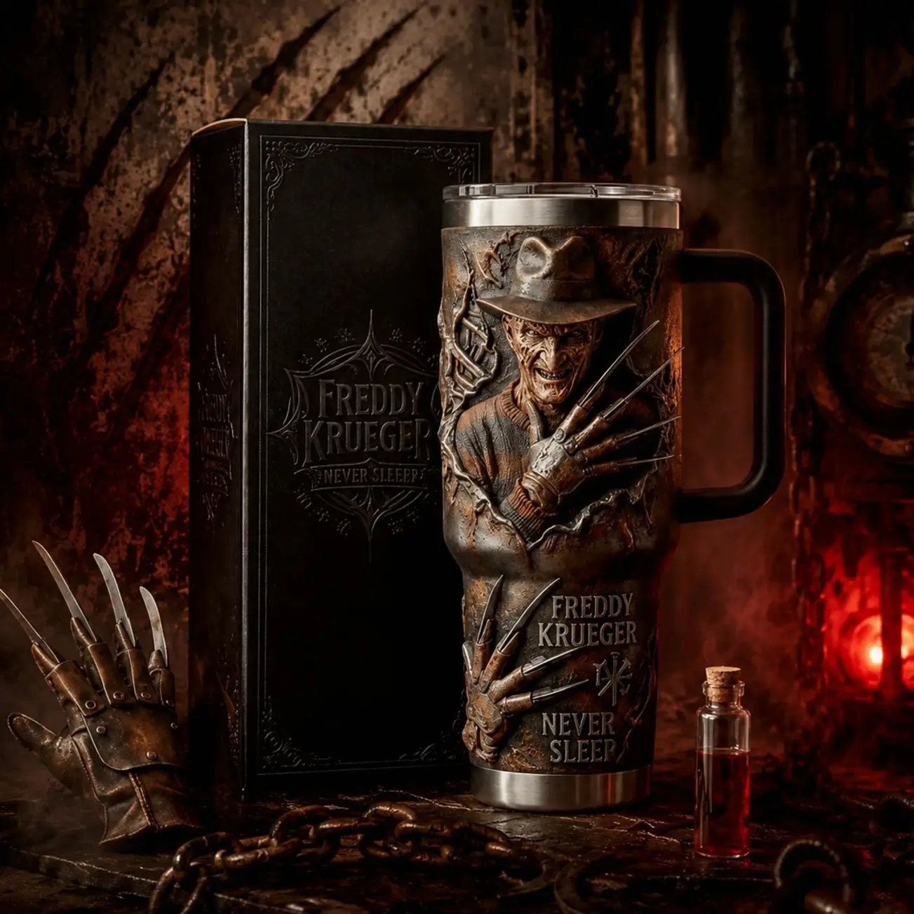 Freddy Krueger “A Nightmare on Elm Street” Vintage Horror Aesthetic 40oz & 20oz Stainless Steel Tumbler with Handle – Dream Stalker Insulated Mug, Slasher Movie Fan Style Cup, Retro Elm Street Design, Leakproof Travel Gift.