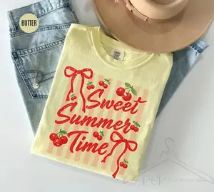 Comfort Colors Striped Sweet Summer Time T-Shirt, Sweet Summer Time Bow T-Shirt, Cherry Coquette Summer Tee, Girls Floral Cherry Summer Tee