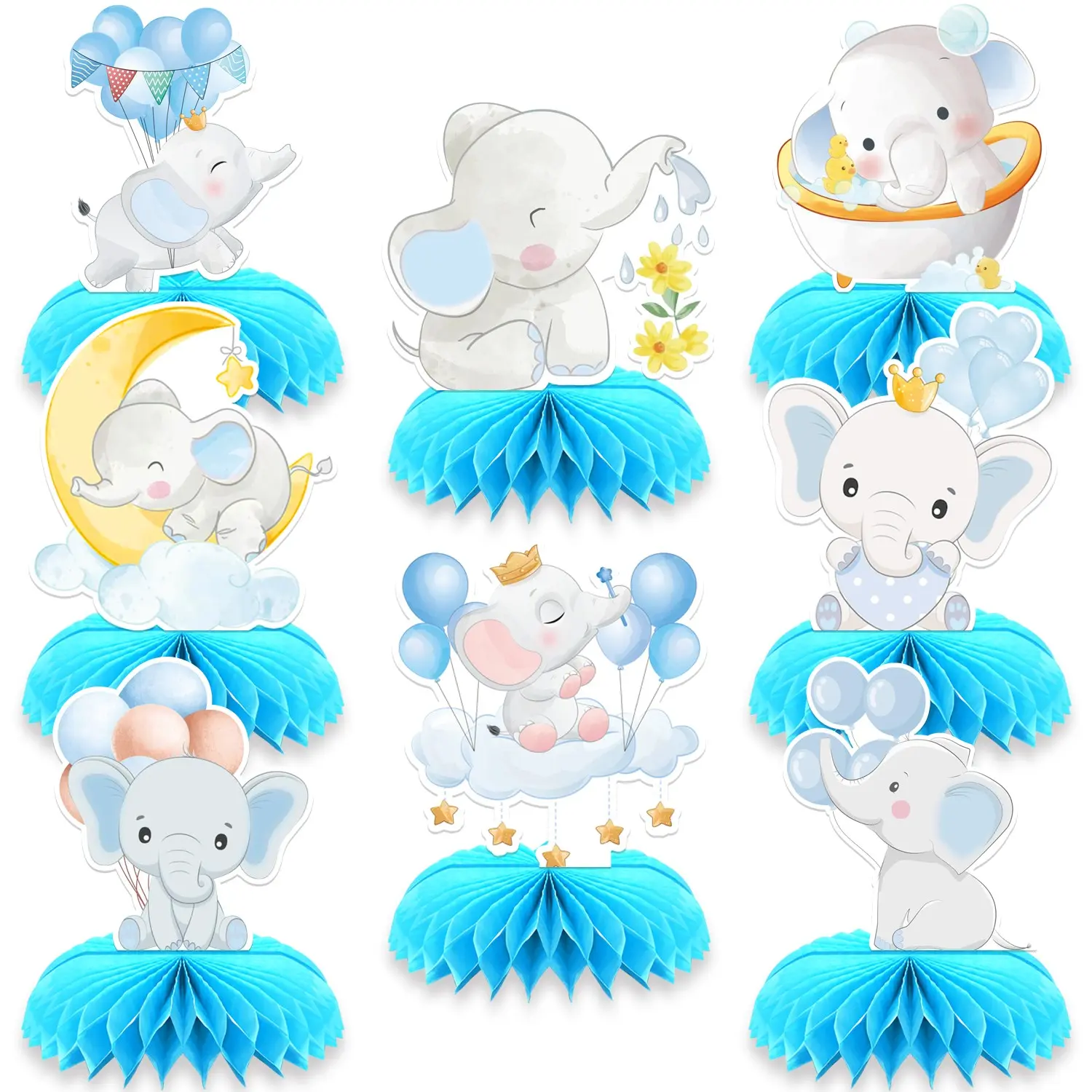 8pcs Blue Elephant Honeycomb Table Centerpieces Decorations Animal Party DIY 3D Table Toppers Elephant Themed Party Decorations for Birthday Baby Shower Party Supplier Decorative Table Ornaments Party Atmosphere Props Party Decoration Supplies