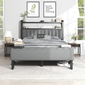 Queen Size Upholstered Bed Frame with Starry Sky Lamp Design, Charging Station & Cushioned Ottoman Bench, Heavy Duty Feet, Easy Assembly