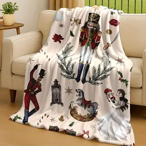 Vintage Nutcracker Ballet Blanket - Bohemian Style Christmas Throw with Nutcracker Soldier, Red Dress Ballerina, Dancers & Snowflakes Design, Reversible Soft Flannel Bedspread for Home Decor, Holiday Gift Idea