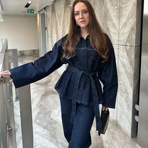 Women’s retro belted denim jacket and straight-leg jeans set, single-breasted lapel jacket with pockets, 2025 autumn streetwear