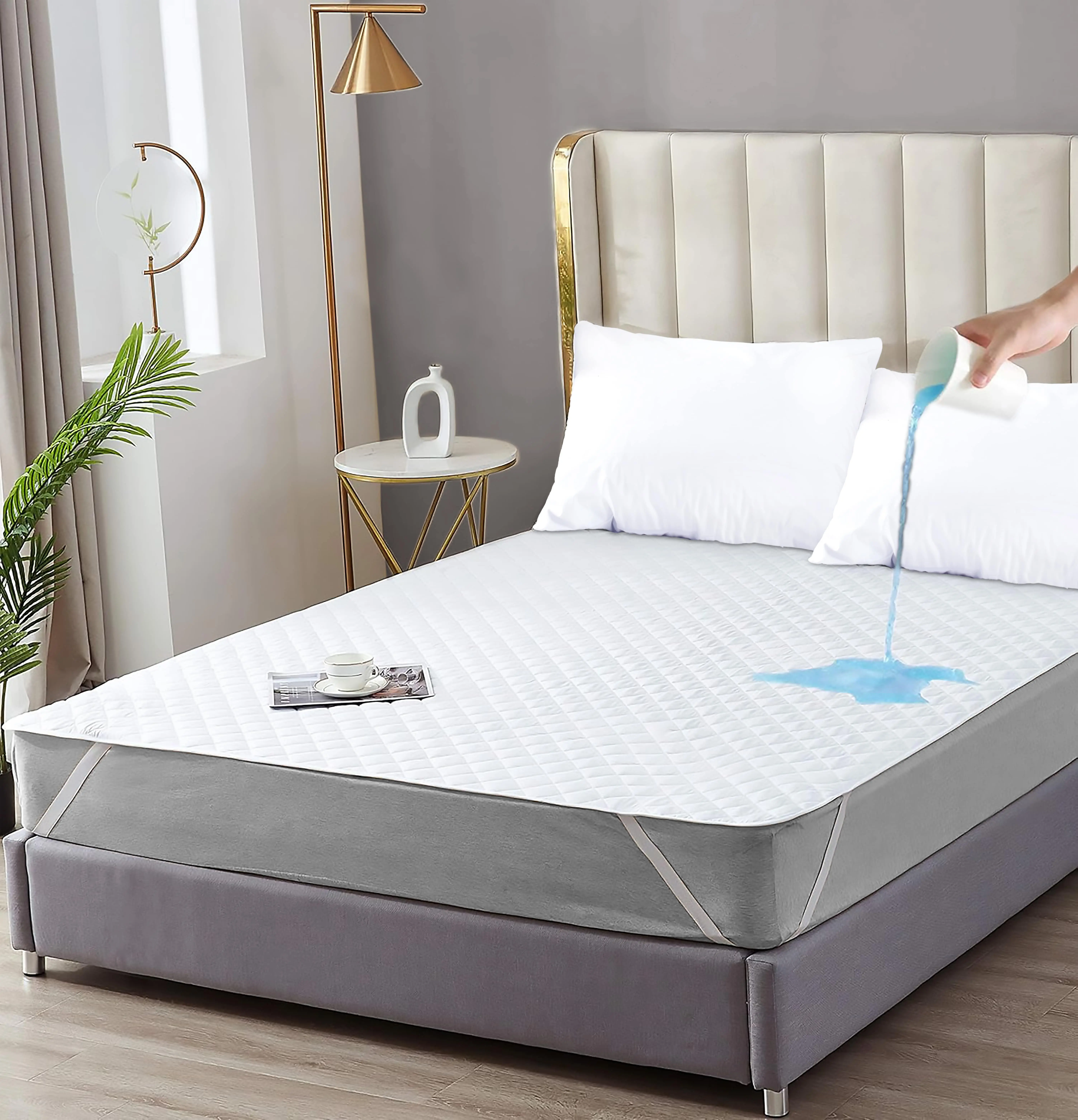 Waterproof Mattress Protector with Straps Pad Cover Queen Size Full King Noiseless Protectors Deep Pocket Twin Soft Breathable Bed Cover Washable - quilted mattress protector