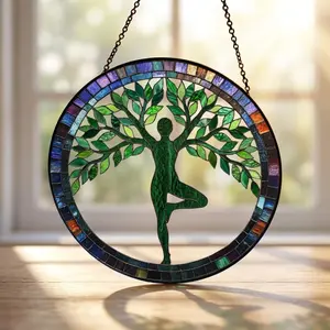 Yoga Tree of Life Stained Glass Window Hanging Suncatcher, Meditation Yoga Pose Sun Catcher, Spiritual Wellness Home Decor Gift