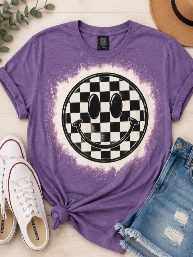 Checkered Smiley Face Graphic Sublimation T-Shirt