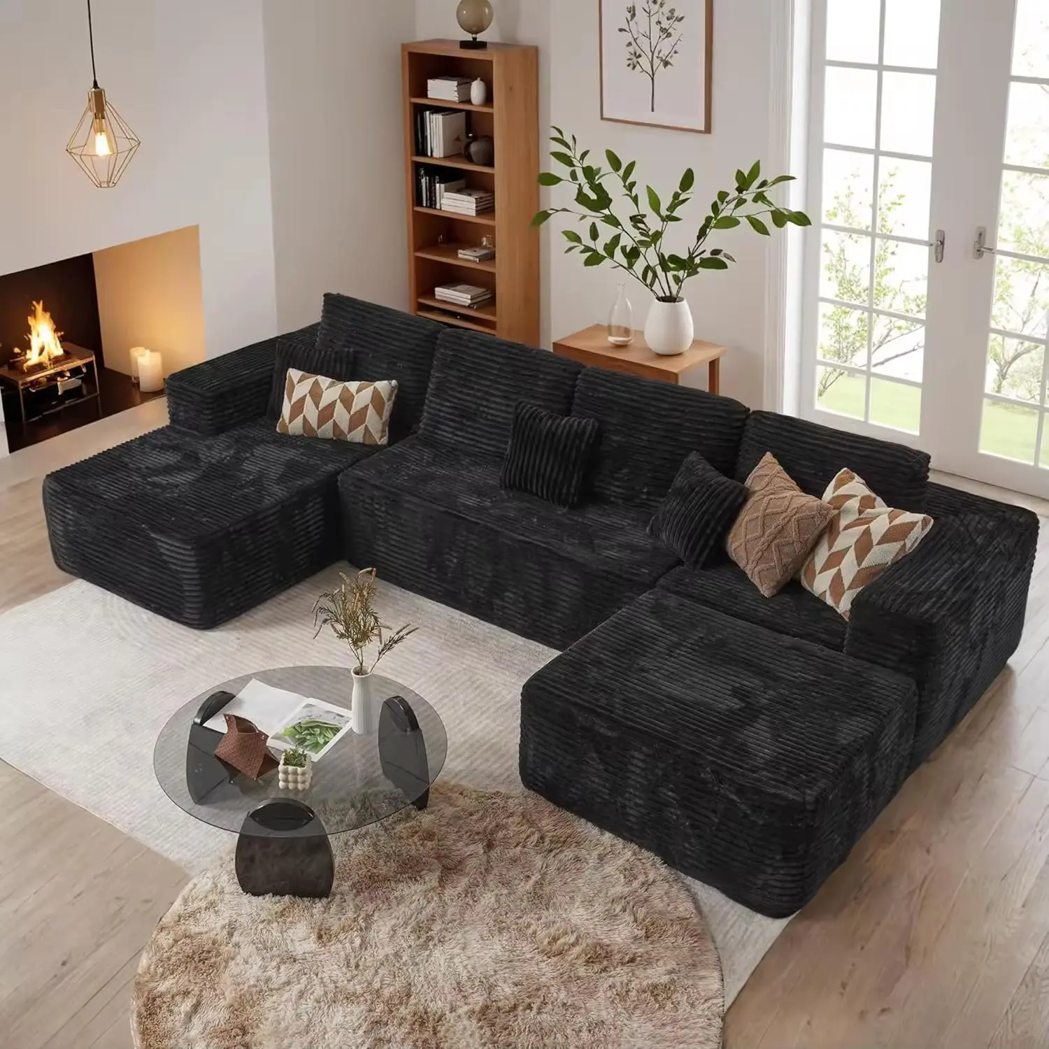 132'' U-Shape Boneless Corduroy Modular Sectional Sofa - Oversized Cloud Comfy Fully Assembled Couch with 7 Soft Pillows, Multiple Seats, Beige Living Room Enhancement Furniture for Family Watch Parties