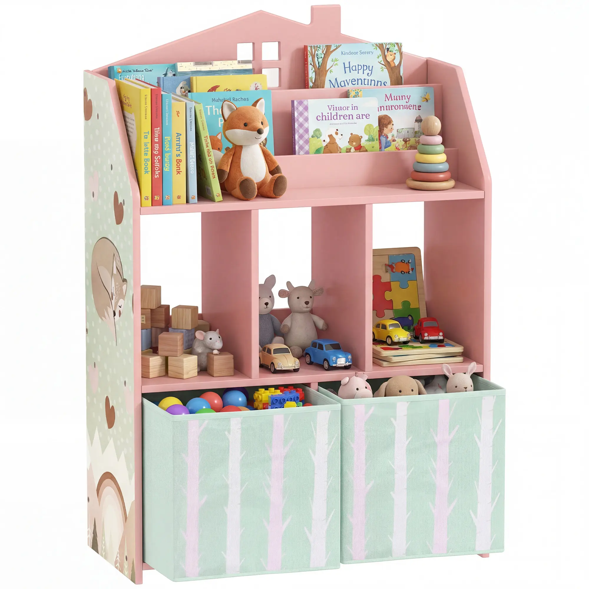 Pink Kids Bookcase - Child-Friendly Indoor Furniture with Storage Shelves, Fabric Drawers, Toy Organizer & Book Display Unit for Playrooms, Nurseries