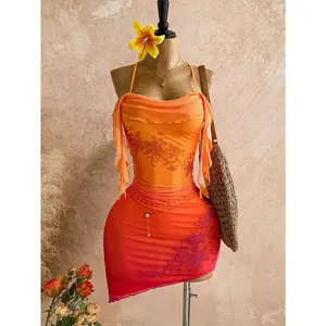 Women's Gradient Orange Rhinestone Floral Ruffle Mini Dress, Suitable For Holiday, Date, Afternoon Tea, Beach