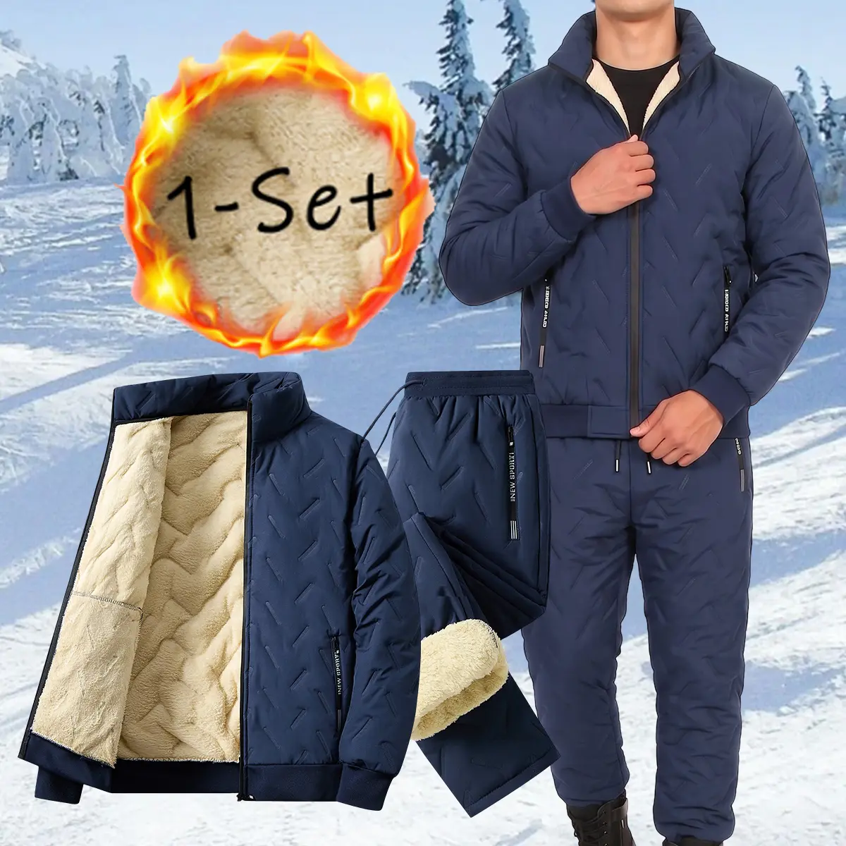 Men's ultrasonic-quilted thermal suit, long-sleeve top & pants set with elastic waist – for cold commutes or camping – 100% polyester, lightweight & warm – cozy, rugged, easy to layer.