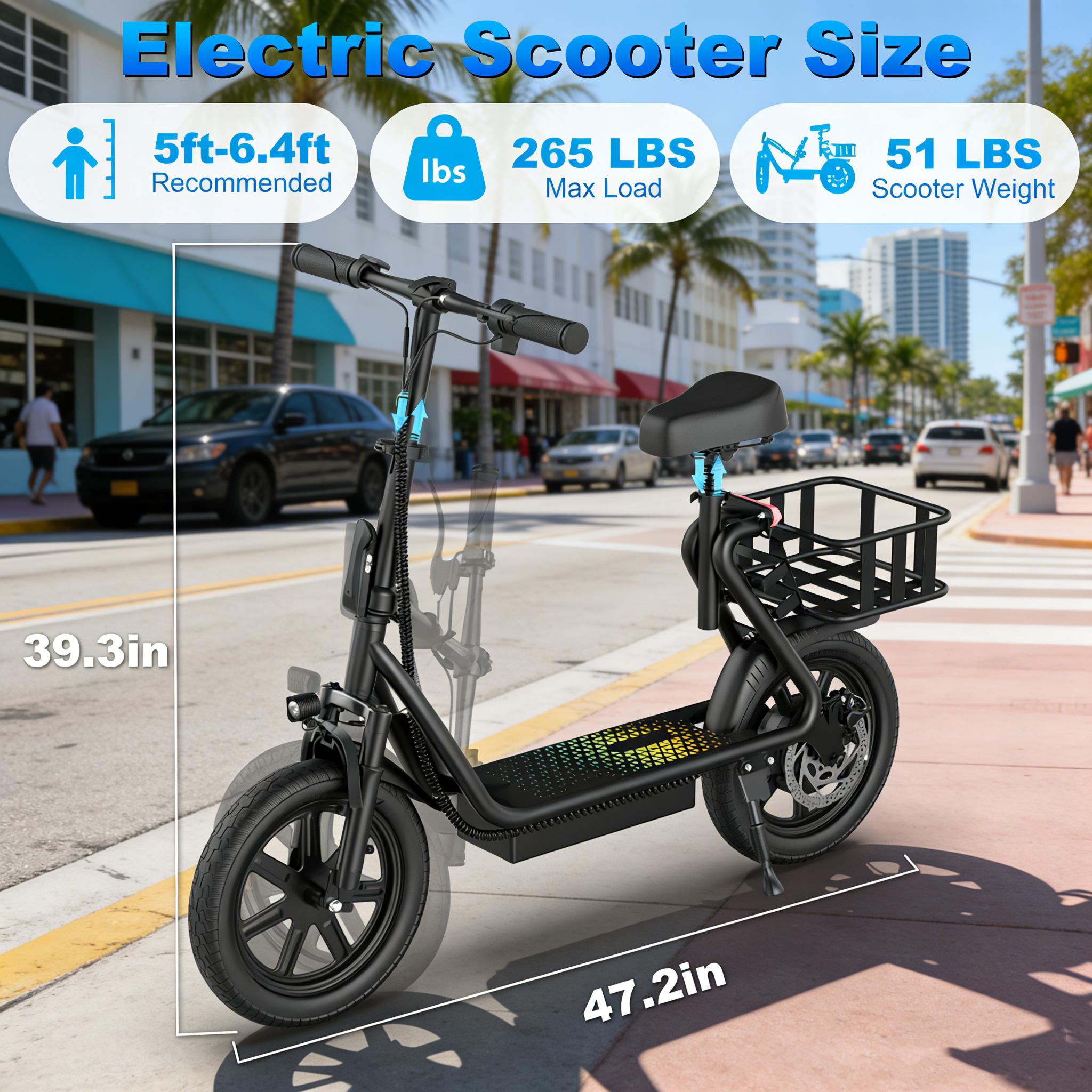 Electric Scooter for Adults with Seat,48V 10.4Ah Battery, Top Speed 22 mph, Driving Range 21-27 Miles, Pet-Friendly Design with Rear Basket