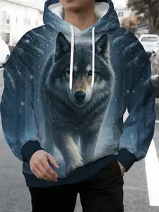 Men's Winter Hooded Sweatshirt, Cool Wolf Pattern, Trendy 3D Printed Jacket, Windproof Warm Fashion Top, Casual Loose Fit, Graphic Print Hoodie