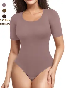Women's Short Sleeve Seamless High Waisted Shapewear Bodysuit, Tummy Control Round Neck Slim Fit Top, Casual All Season Wearable Undergarment