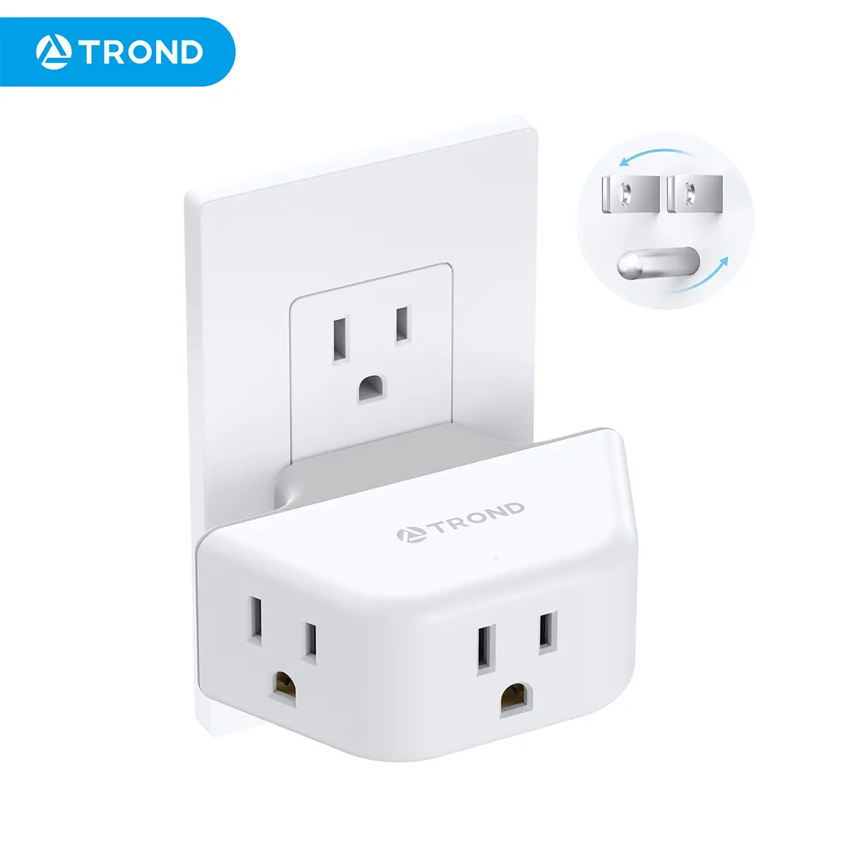 TROND 360° Rotating Plug Outlet Extender, 2 AC Splitter with PD 20W USB C, 3-Side Wall Plug Adapter, Multi Outlet Expander for Bathroom Kitchen Cruise Travel, White