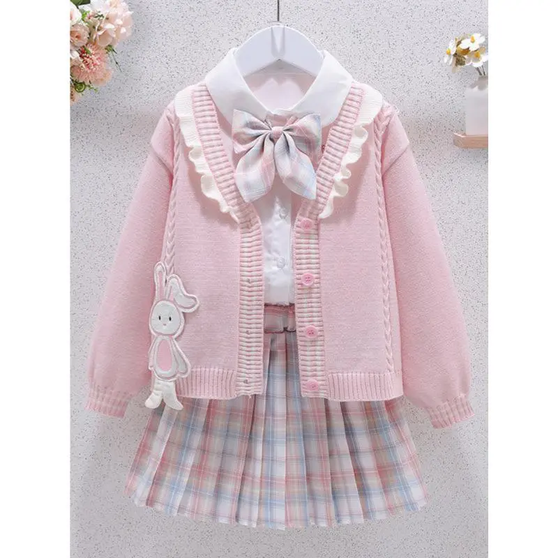 Girls' Three-Piece School-Style Set Spring and Autumn New Children's Outfit - Bunny Knit Cardigan, Shirt, and Pleated Skirt