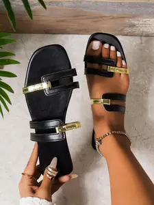 Women's Summer Flat Sandal Slippers, Casual Breathable Slip-On Comfort Shoes, Outdoor Square Toe Low Heel Footwear