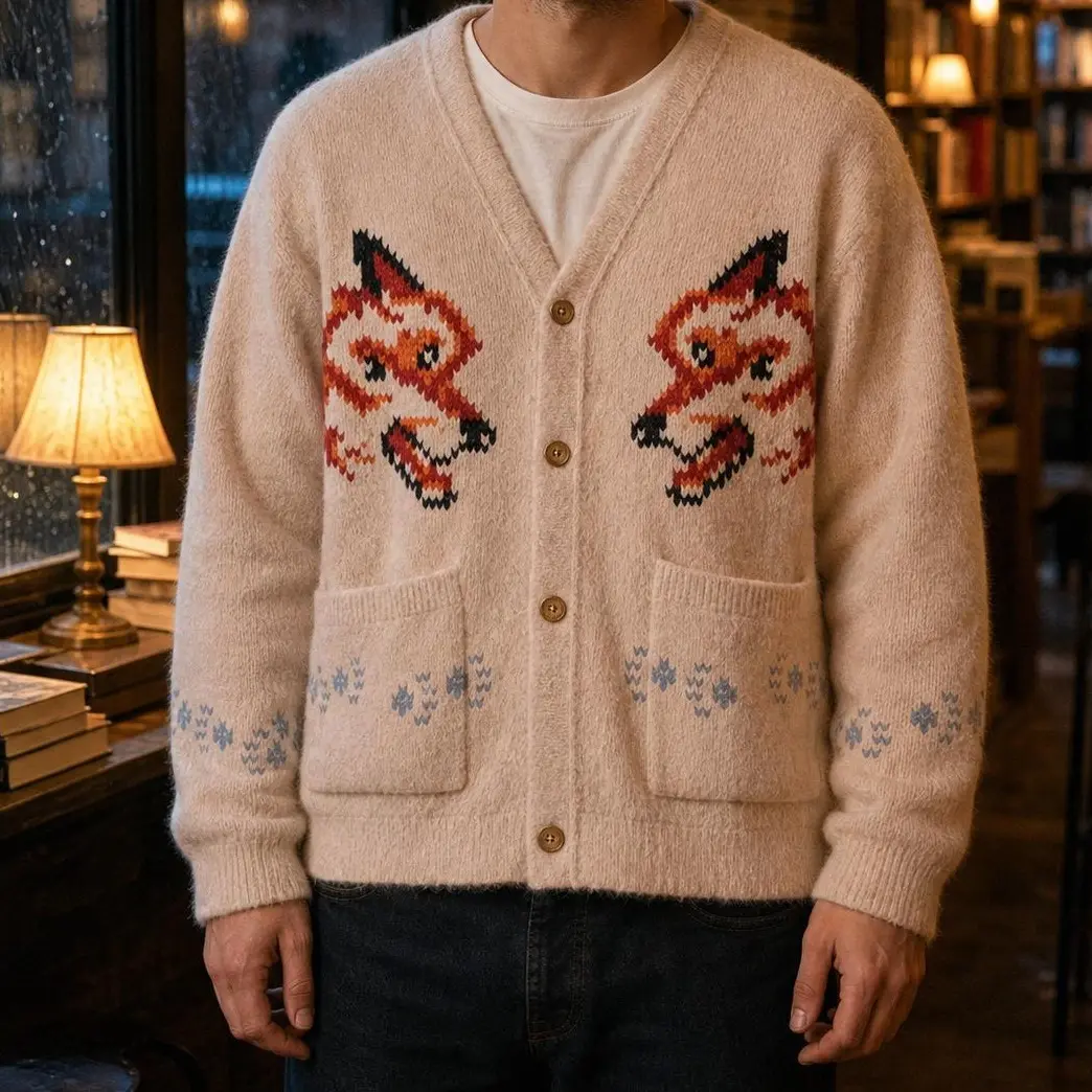 GEEKSOUTFIT Men's Fox Geek Space Rescue Mission Knit Cardigan Sweater, Back to School Shopping Essential