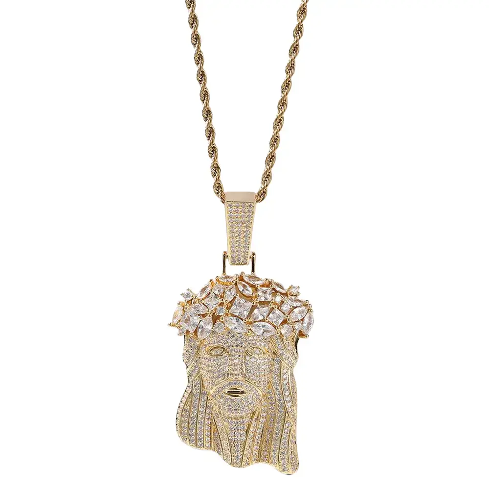 Men's Hip-Hop Portrait Rhinestone Crown Cross Design Pendant - Copper-Inset Cubic Zirconia, Fashionable Jewelry Accessory for Europe & US Markets, Cubic Zirconia Pendant