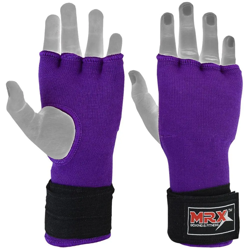 MRX Purple Cotton Inner Gloves with Gel-Foam Padding and Long Hook & Loop Wrist Wraps, Adult Hand Protection for Martial Arts, MMA & Boxing, Gel Padding, Bag Gloves, Individually-Stitched Finger Holes, Padded Inner Gloves