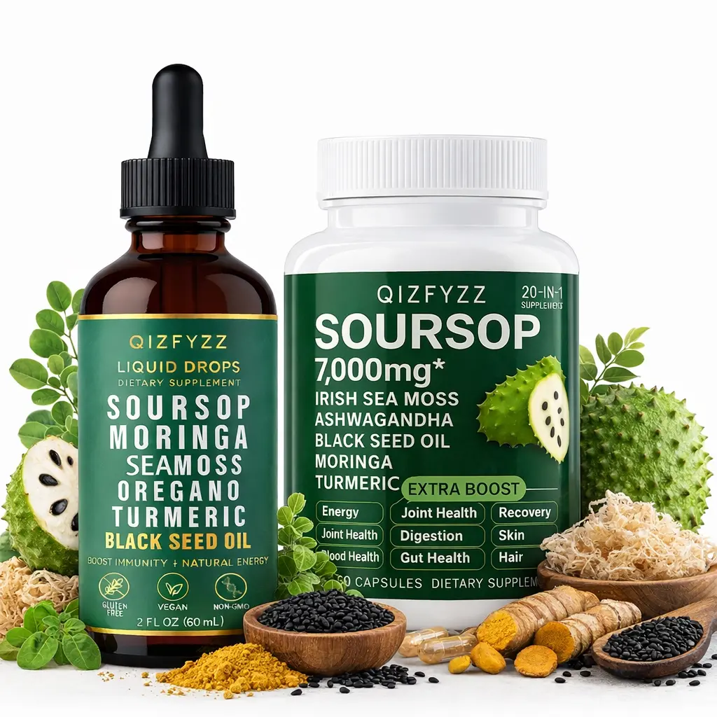 qizfyzz Soursop Bitterness Extract & Seaweed Super Dual-Effect Set | 10-in-1 Liquid Drops + 20-in-1 Capsules | Moringa, Turmeric, Black Seed Oil, Ashwagandha | Vegan, Non-GMO