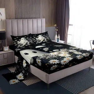 Halloween Sheet with 16 Inch Deep Pockets for Girls Boys Kids,Horror Theme Cute Ghost Bedding,Room Decor Gardon Flower Bed Sheets Set