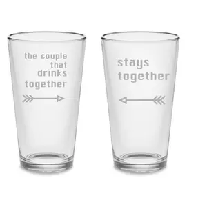 SET Couple Drinks Together Funny Custom Pint Glasses Etched Tumblers Drinkware 16 oz. Cocktail Mixing Glass