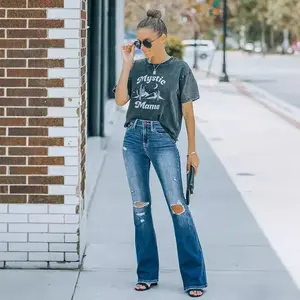 High Waisted Ripped Flare Jeans for Women Distressed Bell Bottom Denim Pants with Pockets Buttons Streetwear Basic Style