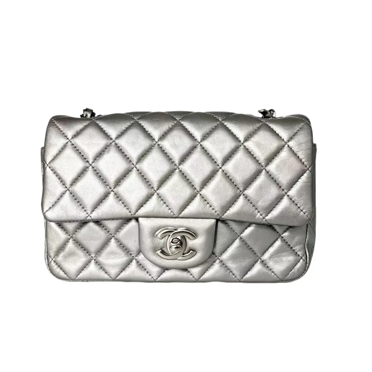 Pre-owned CHANEL lambskin Shoulder Bags Silver Metallic Medium Classic Flap Shoulder Crossbody Bag