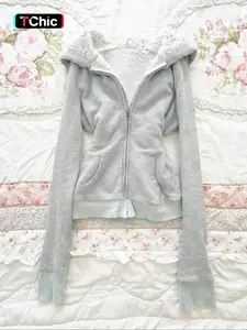 Retro women's fleece hooded slim fit cardigan autumn and winter hoodie jacket