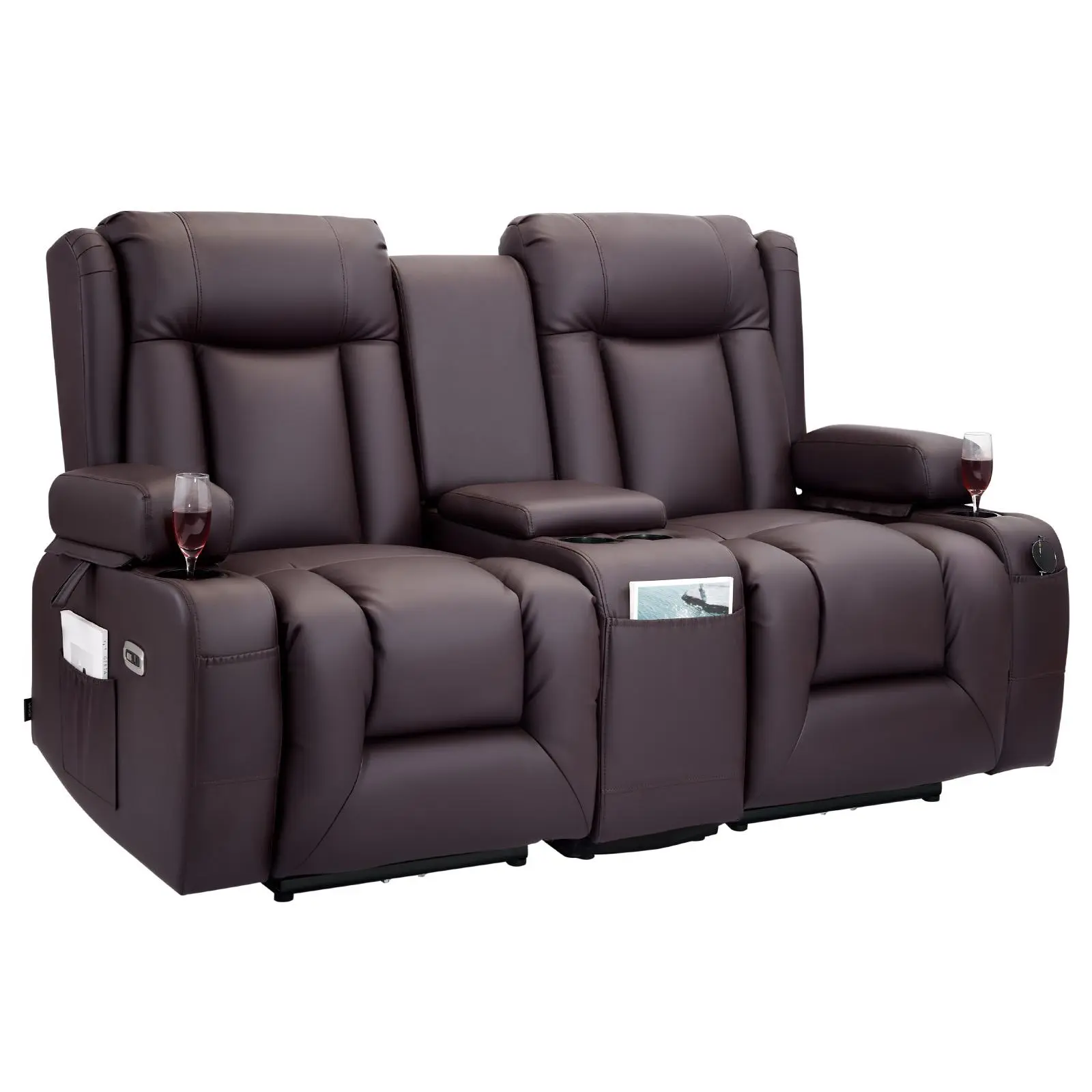 【SummerFinds】VEVOR Loveseat Recliner Sofa, Power Reclining Couch with Heating & Massage and Timer, PU Leather Electric Recliner Sofa with Center Console, USB Ports, Cup Holders and Side Bags for Living Room