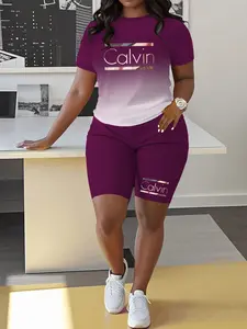 Calvin Letter Element Gradient Color Spring Summer Casual Two-Piece Set, Fitted Style, All Seasons Wear, Women's Fashion