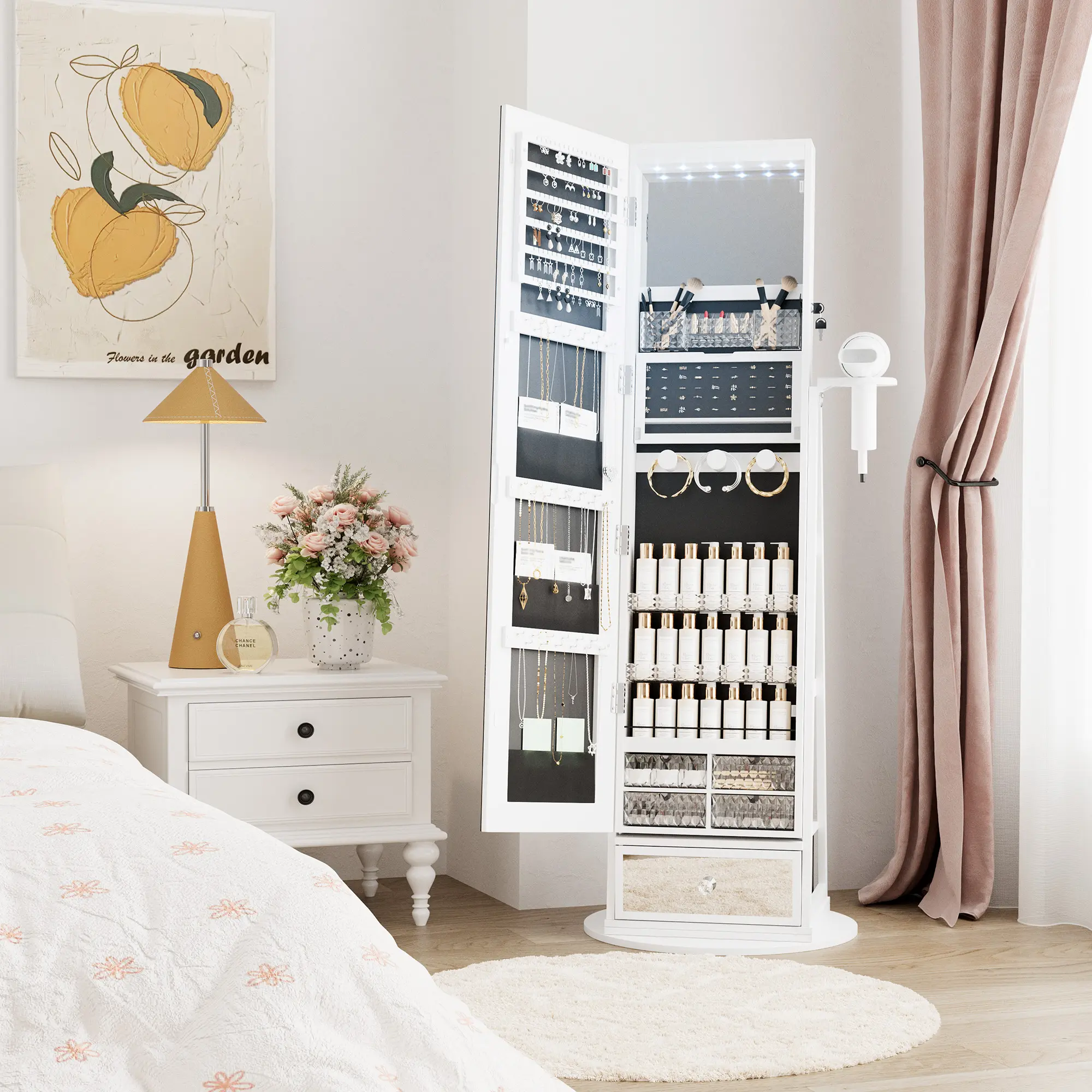 【Summergarden】Rotating Base Jewelry Mirror Cabinet, Adjustable Lighting, with Full-Length Mirror, Storage Cabinet, Space-Saving, Super Large Storage Space