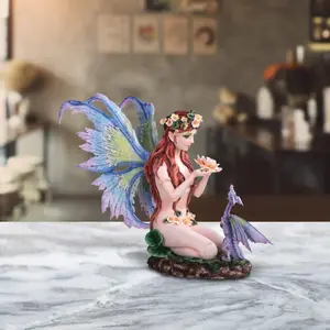 12"H Butterfly Wings Fairy with Little Sea Serpent Statue Fantasy Decoration Figurine