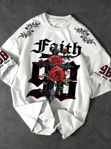 Men's Gothic Rose Cross Print Short Sleeve T-Shirt, Casual Round Neck, Basic, Fitted Long Style, Daily Wear, Street Fashion, Streetwear