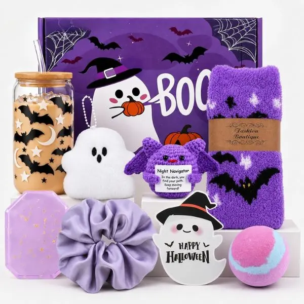 Hallowen Fall Gift Boo Basket Stuffers for Women, 8 Pcs Halloween Gifts for Women, Teens & Girls, Spooky Boo Basket Gift Set with Halloween Glass Cup, Crochet Pumpkin, Socks & Halloween Gifts for Her